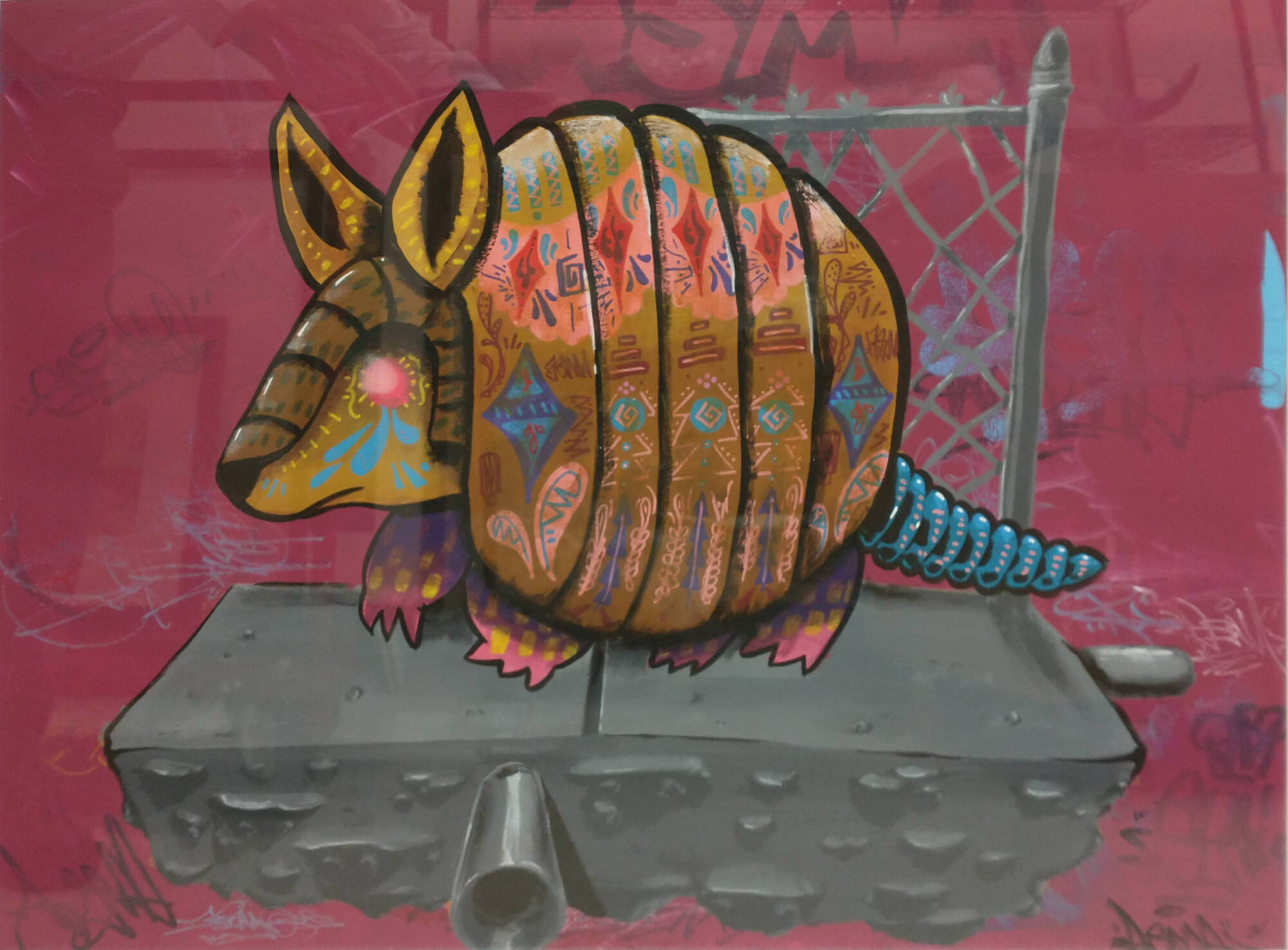 Graffiti like painting of an armadillo with colorful designs standing on concrete in from of a chain link fence. Bright purple-pink background.